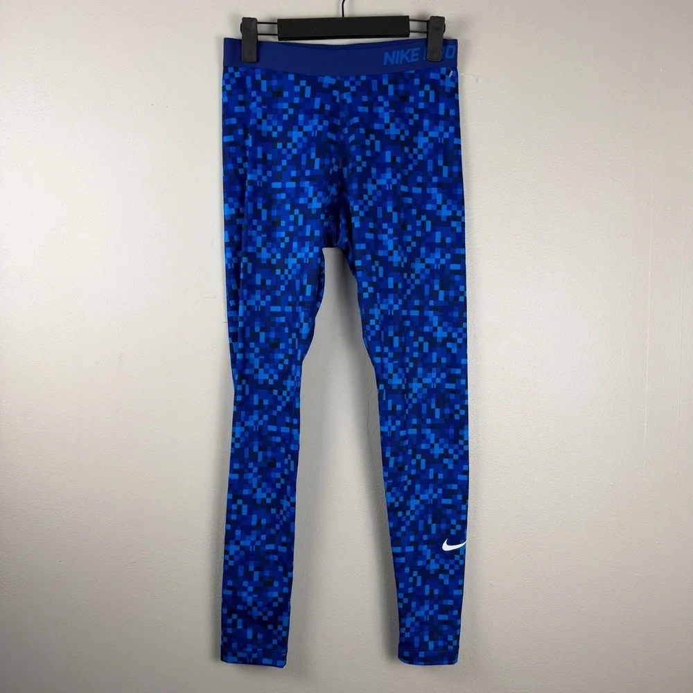 Nike Pro Leggings Womens M Blue Glitch Print Dri-Fit‎ Gym Running Workout Casual